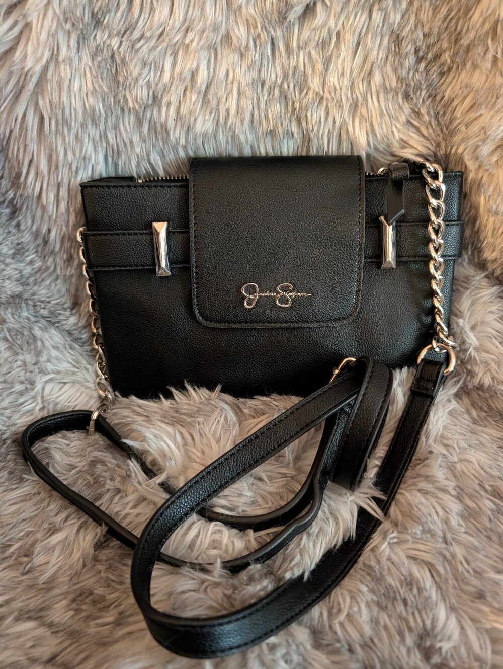 Jessica Simpson Black Faux-Leather Chain Strap Crossbody